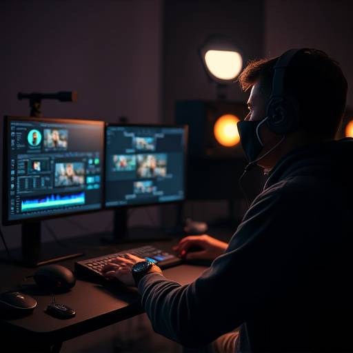 Editor working on video editing software in post-production suite.